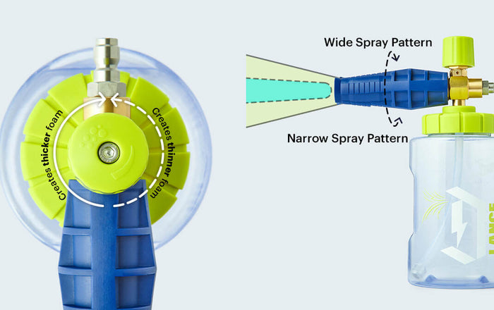 Foam lance injector showing spray pattern and foam thickness adjustment dial — wide and narrow spray pattern control