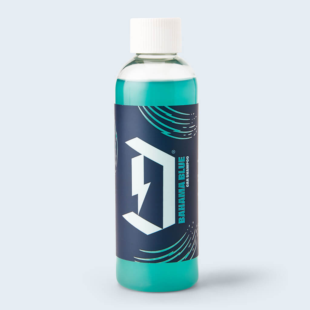 100ml bottle sample size of Duel Autocare's silky smooth Bahama Blue shampoo