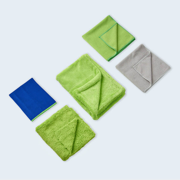 Duel Autocare microfibre bundle including glass cloth drying towel coral fleece buffing towel and general cleaning towels