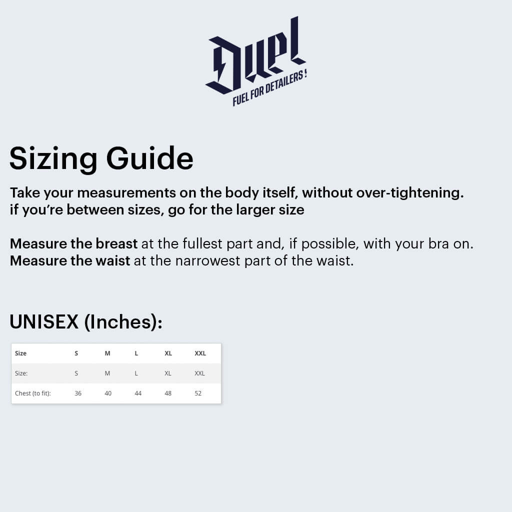 Duel Autocare MIB Oversized T-Shirt sizing chart