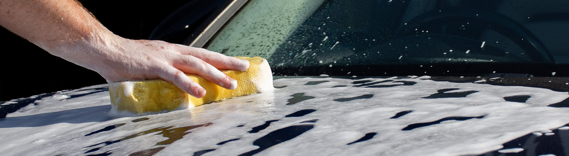 Sponge being used to wash a car