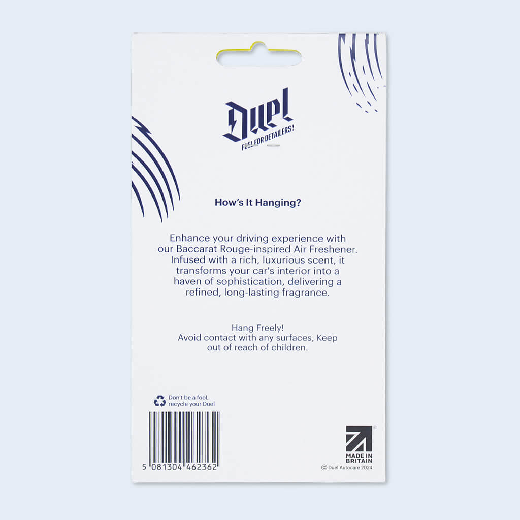 Premium hanging air freshener snow foam lance squirting snow foam with baccarat rouge scent in packaging showing reverse side