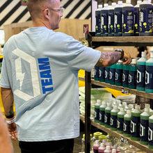 Duel Autocare MIB Oversized T-Shirt front sky blue being worn at Gravity