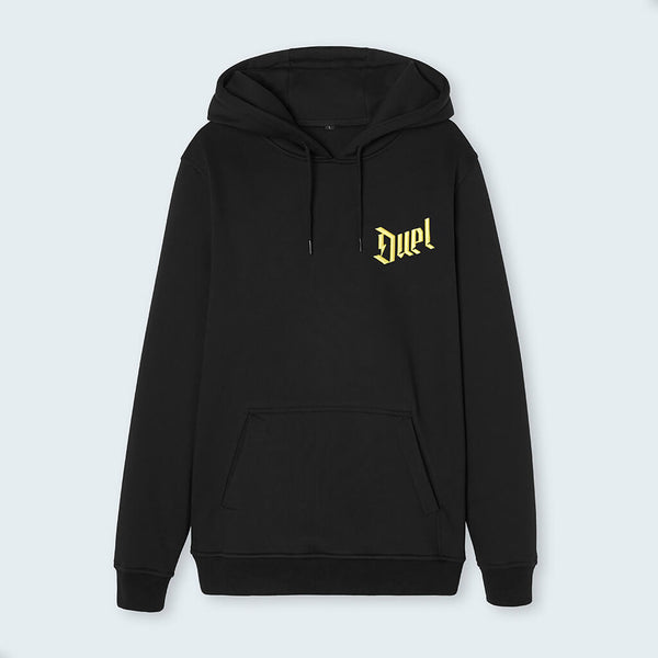 Duel Hoodie 4d Black front with Yellow Logo